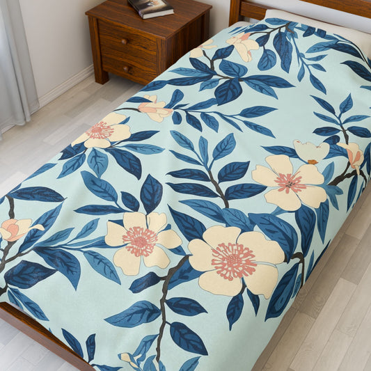 Floral Velveteen Plush Blanket - Blue Botanical Throw