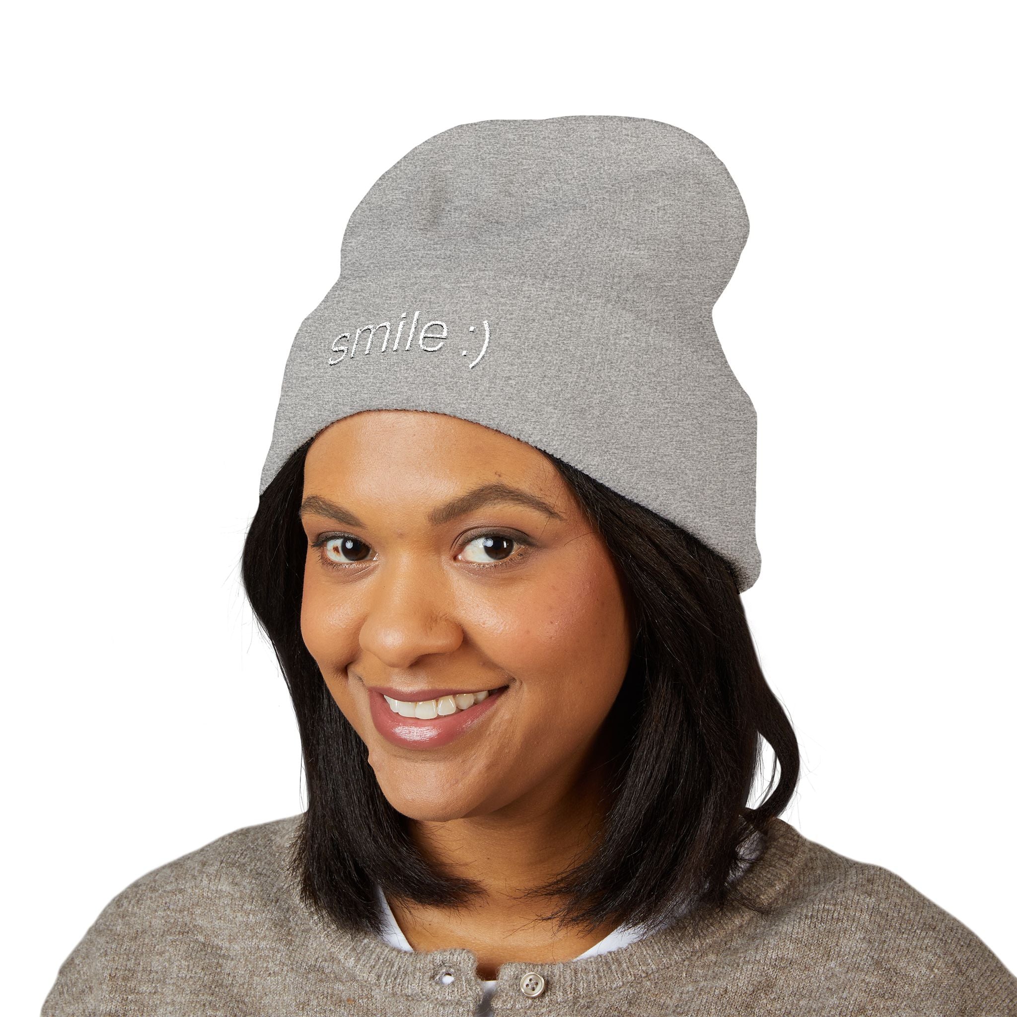 "smile :)" funny cuffed beanie