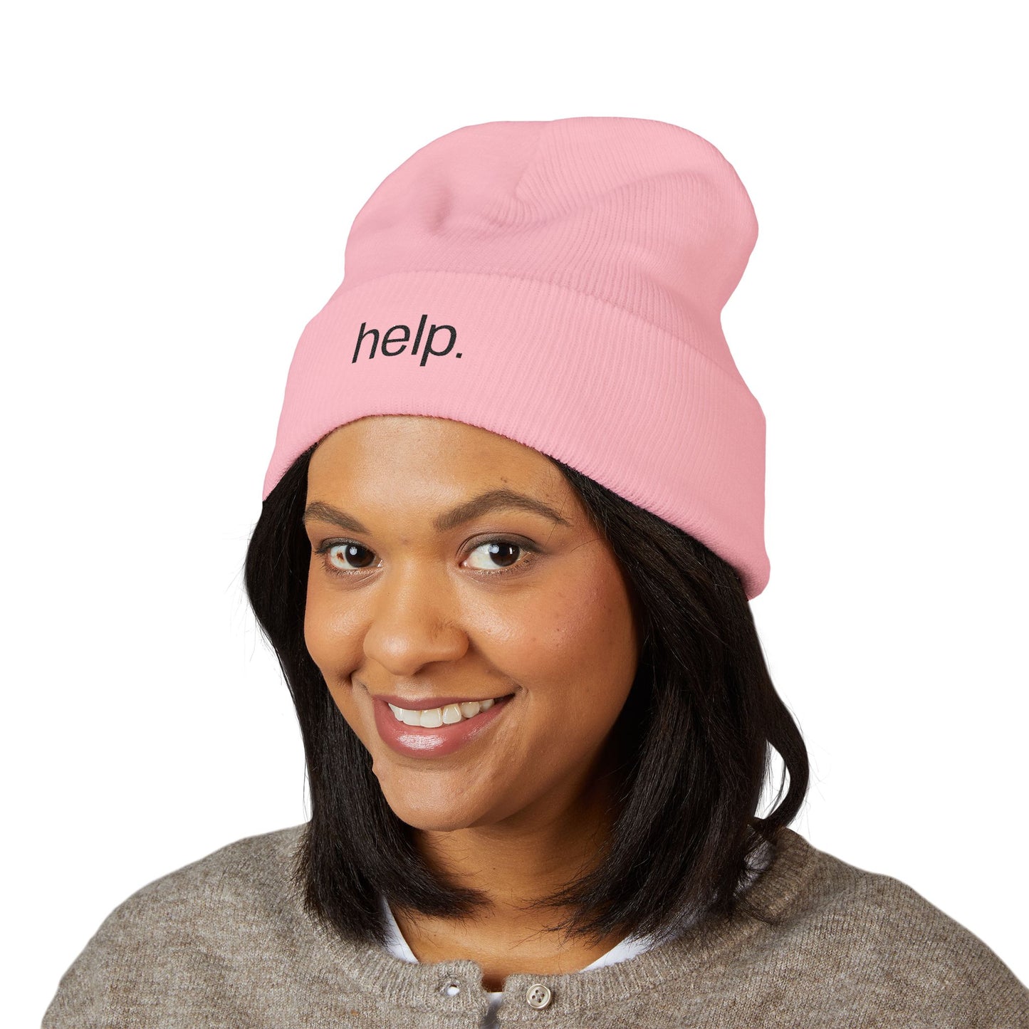 Embroidered "help." Cuffed Beanie - Minimalist Winter Hat