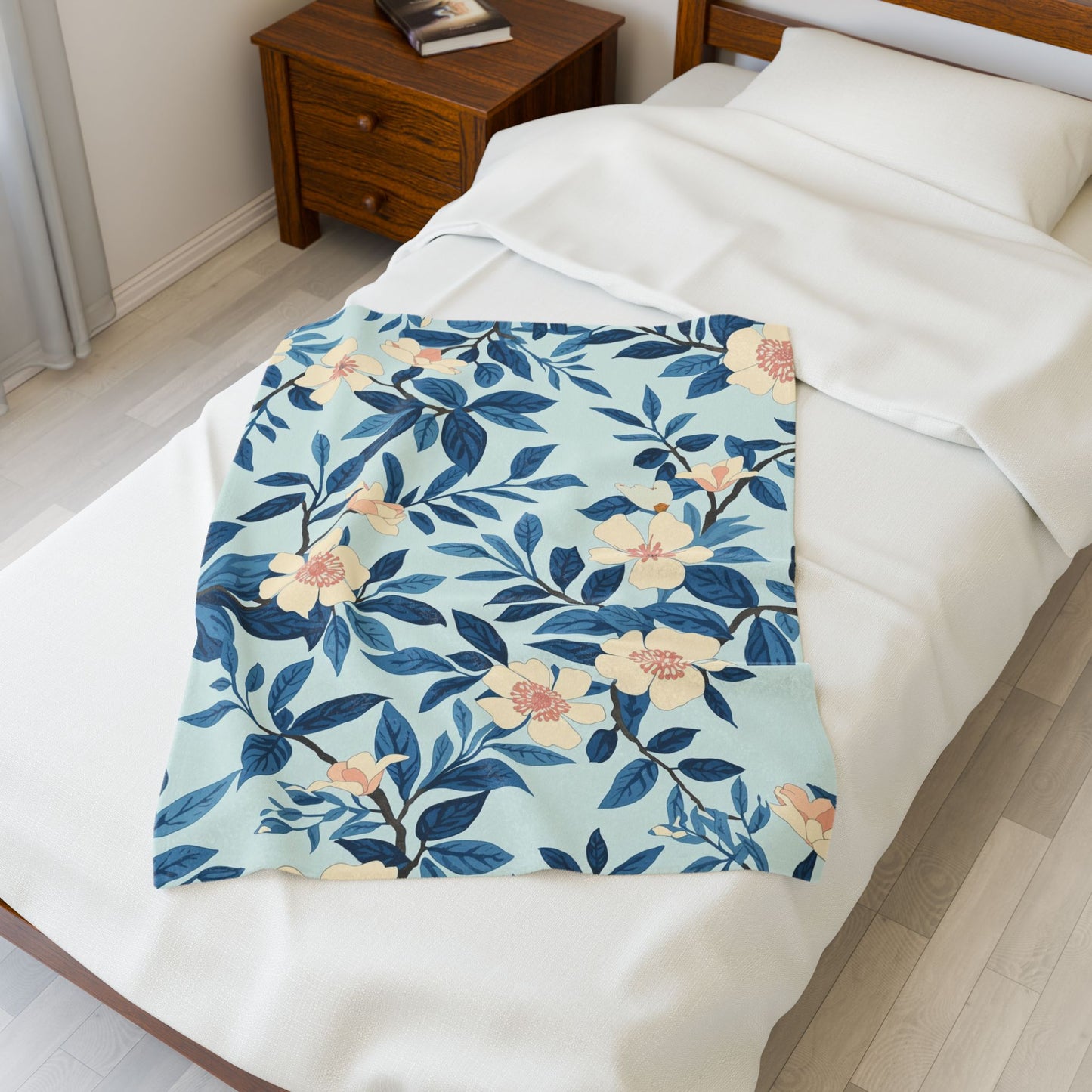 Floral Velveteen Plush Blanket - Blue Botanical Throw