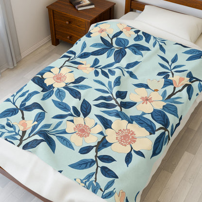 Floral Velveteen Plush Blanket - Blue Botanical Throw