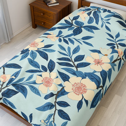 Floral Velveteen Plush Blanket - Blue Botanical Throw