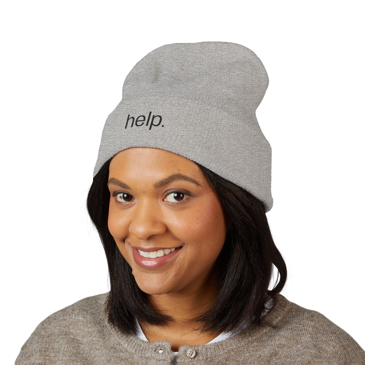 Embroidered "help." Cuffed Beanie - Minimalist Winter Hat