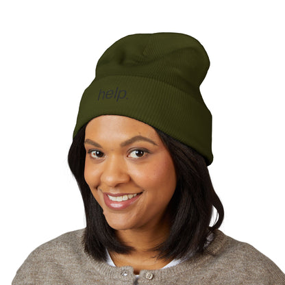 Embroidered "help." Cuffed Beanie - Minimalist Winter Hat