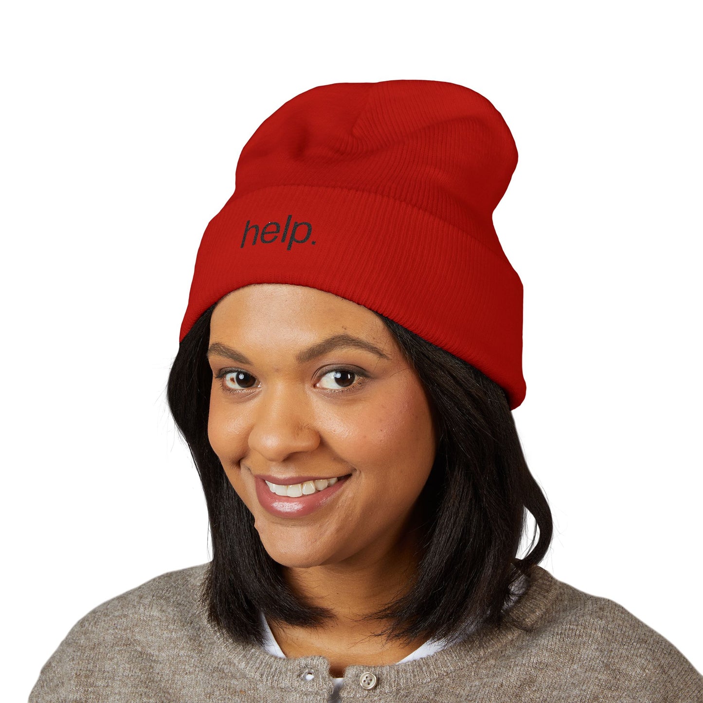 Embroidered "help." Cuffed Beanie - Minimalist Winter Hat