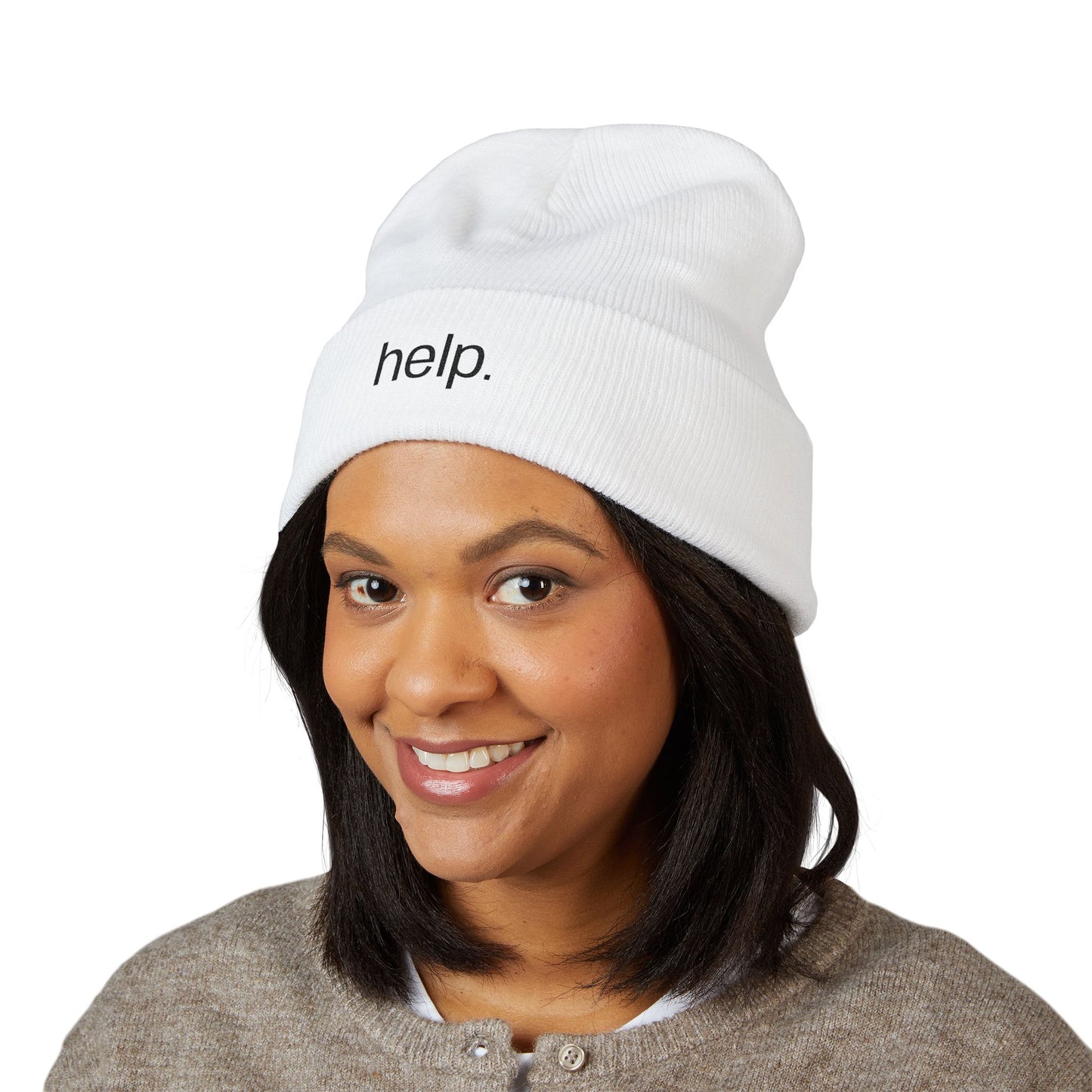 Embroidered "help." Cuffed Beanie - Minimalist Winter Hat